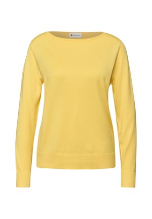 Żółty sweter z długim rękawem, szerokim dekoltem w kształcie łódki i prążkowanym wykończeniem na dole. Wykonany z miękkiego materiału, charakteryzuje się gładką teksturą i minimalną liczbą szwów.