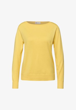Żółty sweter z długim rękawem, szerokim dekoltem w kształcie łódki i prążkowanym wykończeniem na dole. Wykonany z miękkiego materiału, charakteryzuje się gładką teksturą i minimalną liczbą szwów.