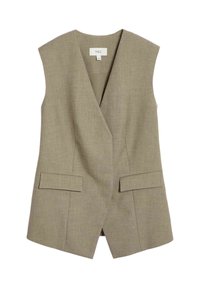 Gilet beige senza maniche con scollatura a V profonda, design strutturato, due tasche frontali e un tessuto liscio e testurizzato.