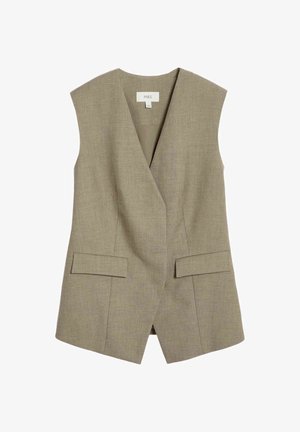 Beige sleeveless vest with a deep V-neck, structured design, two front pockets, and a smooth, textured fabric.