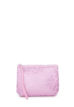 Bustina rosa con cerniera, macchie di leopardo in strass e la scritta "Saint Barth" sulla parte anteriore, con cinturino da polso sul lato.