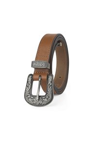 Cinturón de cuero marrón con una hebilla plateada ornamentada que presenta grabados florales. El cinturón tiene una textura suave y bordes negros contrastantes.