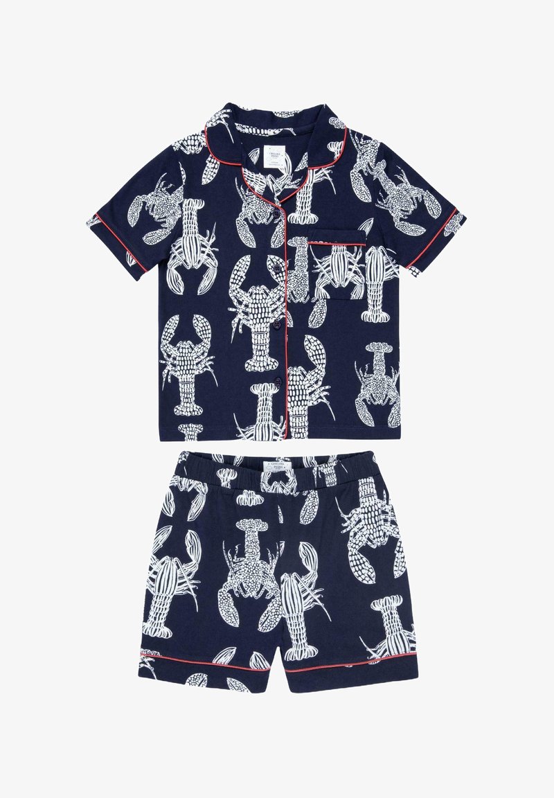 Granatowy zestaw piżamowy z białym wzorem homarów. Krótki rękaw z czerwonym wykończeniem i kieszonką, w komplecie z szortami na elastycznej talii. Miękka bawełniana tkanina.