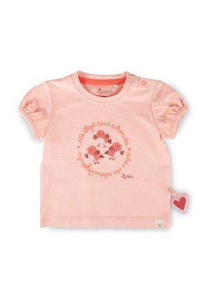 Rosa Baby-Shirt mit kurzen Ärmeln, drei bestickten Vögeln und einem deutschen Textkreis, Druckknöpfen auf der Schulter und einem herzförmigen Etikett an der Seite.