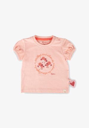 Maglietta rosa per neonati a maniche corte con tre uccellini ricamati e cerchio di testo in tedesco, bottoni a scatto sulla spalla e etichetta a forma di cuore sul lato.