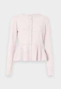 Jasnoróżowy kardigan z długimi rękawami, fakturowanym korpusem i baskinkowym dołem. Pięć okrągłych guzików z przodu dodaje detali. Miękki dziany materiał.