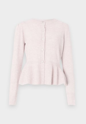 Lyserød cardigan med lange ærmer, tekstureret krop og peplumskørt. Fem runde knapper foran tilføjer detalje. Blødt strikmateriale.