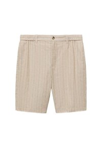 Beige linnen shorts met verticale strepen, verstelbare tailleband, voorknopsluiting en twee zijzakken. Gladde structuur, knielang ontwerp.