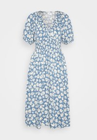 Blaues Blumenkleid mit weißen Gänseblümchen, kurzen Puffärmeln, einem V-Ausschnitt und einer gerafften Taille. Aus leichtem Stoff gefertigt.