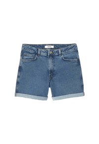 Shorts en denim bleu moyen avec une coupe classique, ourlets retroussés et deux poches avant. Dotés d'une fermeture à bouton à l'avant et de passants de ceinture.