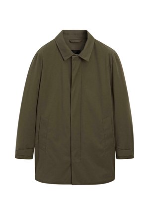Herre olivengrøn trenchcoat med en klassisk krave, skjulte frontknapper, sidelommer og justerbare ærmekanter.