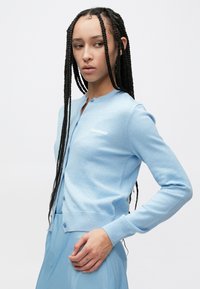 Jasnoniebieski sweter na guziki wykonany z miękkiej dzianiny, z okrągłym dekoltem, zapięciem na guziki oraz ściągaczami na mankietach i dole. Z delikatnym logo z przodu.