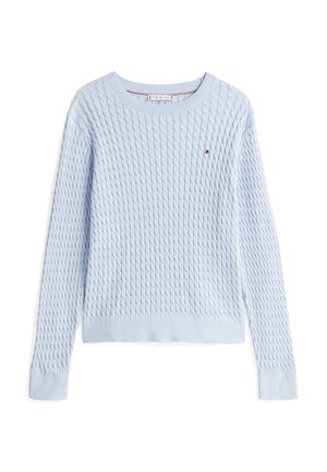Light blue cable-knit long sleeve sweater with round neckline and small embroidered logo on the chest.