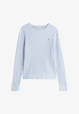 Pull bleu clair à manches longues en maille torsadée avec col rond et petit logo brodé sur la poitrine.