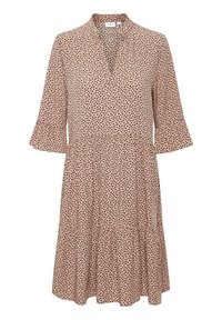 Robe à manches évasées et décolleté en V en tissu beige clair avec un motif à pois noir, présentant un design de jupe à volants.