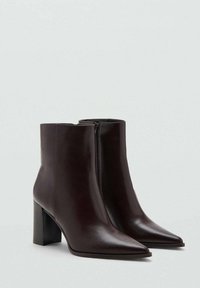 Bottines en cuir marron avec un bout pointu et un talon carré, dotées d'une fermeture éclair sur le côté et d'une texture lisse et polie.