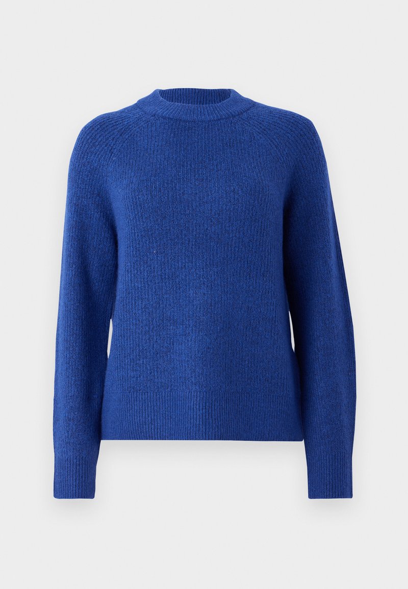 Blauwe gebreide trui met een ronde hals, lange mouwen en een gestructureerd oppervlak. Kenmerkt zich door ribbelboorden aan de onderkant en de mouwen voor extra detail.