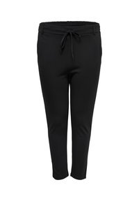 Svarta tapered byxor med elastisk midja och dragsko, med bältesloopar och sidofickor.