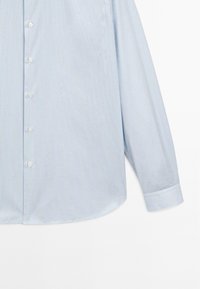  Lichtblauwe gestreepte button-up blouse met een afgeronde zoom, lange mouwen en witte knopen. De stof lijkt glad en licht van gewicht.