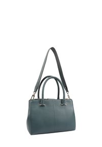 Teal leren handtas met dubbele handvatten aan de bovenkant en een afneembare schouderband. Beschikt over een gladde textuur en subtiele stikdetails.