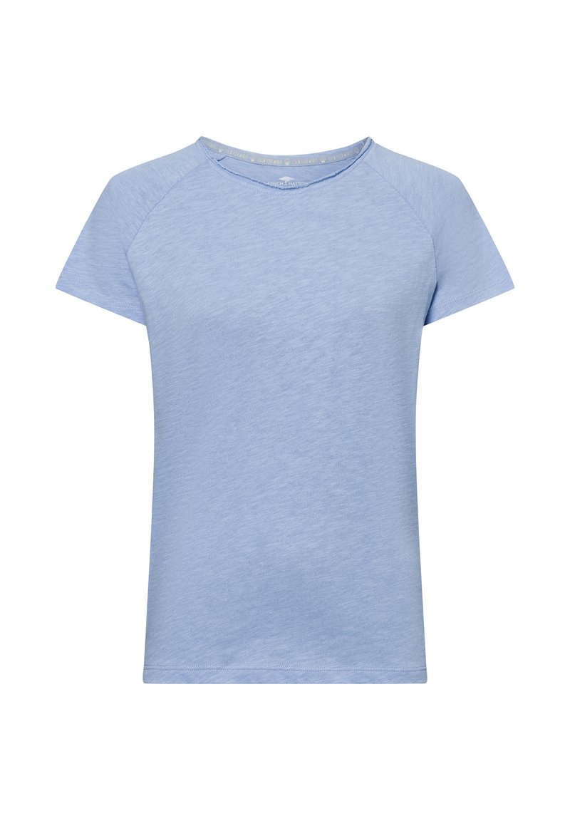 Lichtblauw t-shirt met korte mouwen, ronde hals en raglanmouwen, gemaakt van zachte, geweven stof. Eenvoudig, onversierd ontwerp.