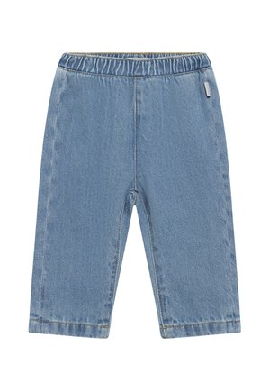 Lichtblauwe denim peuterbroek met elastische tailleband en eenvoudige rechte pijpen, geïsoleerd op witte achtergrond.