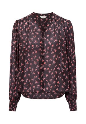 Czarna kwiatowa bluzka z długimi rękawami, z dekoltem w serek, zapięciem na guziki i marszczonymi mankietami. Cała tkanina ozdobiona małymi różowymi kwiatami.