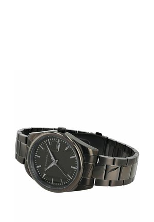 Black metal wristwatch with a round face, silver hour markers, three hands, a date window, and linked bracelet band.