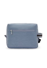 Borsa in poliestere blu con forma rettangolare, tasca anteriore con zip e manico laterale con un accento a righe. Texture liscia con un motivo sottile.