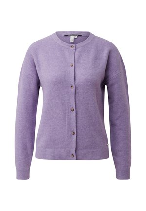 Paarse cardigan gemaakt van zacht textuurstof, met een ronde halslijn, knoopsluiting aan de voorkant en geribbelde manchetten en zoom.