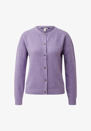 Paarse cardigan gemaakt van zacht textuurstof, met een ronde halslijn, knoopsluiting aan de voorkant en geribbelde manchetten en zoom.