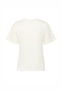 White T-shirt with short lace sleeves, round neckline, and a smooth texture. The lace features a floral pattern, adding detail to the design.