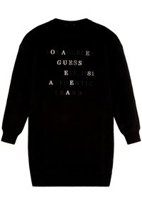 Czarna sukienka dresowa z długimi rękawami, okrągłym dekoltem i teksturowaną powierzchnią. Posiada nadrukowane logo w różnych czcionkach na przodzie.