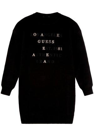 Robe sweatshirt noire avec manches longues, col rond et surface texturée. Présente des logos imprimés dans différentes polices à l'avant.