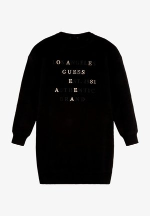 Robe sweatshirt noire avec manches longues, col rond et surface texturée. Présente des logos imprimés dans différentes polices à l'avant.