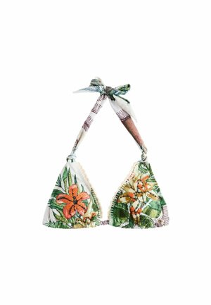 Triangle bikini top with tropical floral print in orange, green, and white, featuring a halter neck tie and gathered edges.