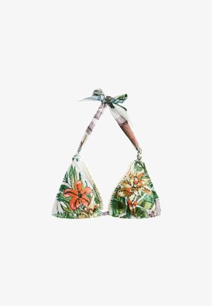 Dreieck-Bikinitop mit tropischem Blumenmuster in Orange, Grün und Weiß, mit Neckholder-Bindung und gerafften Kanten.