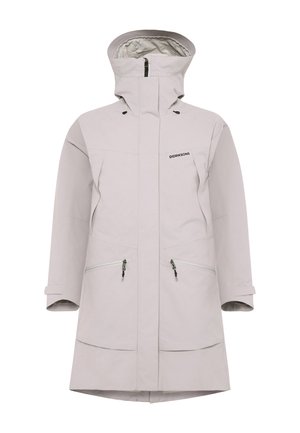 Lysegrå vandtæt jakke med høj krave, lynlåslommer, justerbare manchetter og en mellemlang længde for bedre dækning.