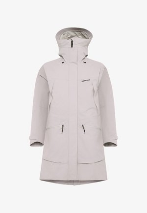 Lysegrå vandtæt jakke med høj krave, lynlåslommer, justerbare manchetter og en mellemlang længde for bedre dækning.