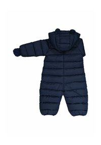 Marinblå vadderad överdragsdress med huva, som har björon öron, ribbade muddning och en kviltad design. Varmt tyg som är lämpligt för kallt väder.