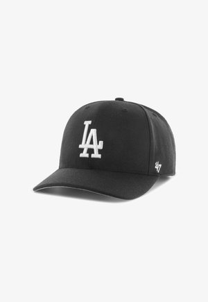 Schwarze Baseballkappe mit weiß gesticktem "LA"-Logo auf der Vorderseite und kleinem "'47"-Logo seitlich.