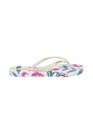 Hvid flip-flop sandal med beige stropper og flerfarvet blomsterprint på sålen.