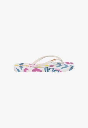 Hvid flip-flop sandal med beige stropper og flerfarvet blomsterprint på sålen.