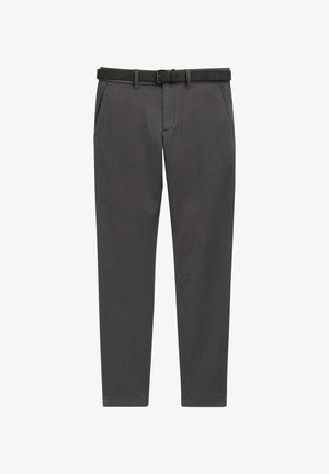 Gray trousers made of woven fabric, featuring a straight cut, side pockets, and a black leather belt with a silver buckle.