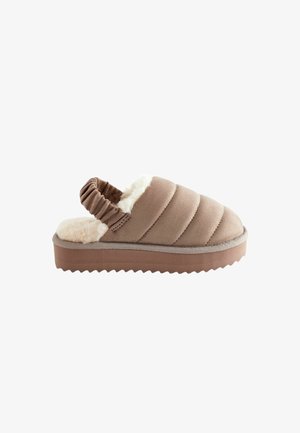 Braunes, gestepptes Slipper mit weicher, plüschiger Innenauskleidung und elastischem Knöchelband. Verfügt über eine dicke, strukturierte Sohle für Grip und Komfort.
