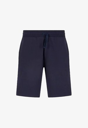 Pantalones cortos deportivos azul marino hechos de un tejido suave, con una cinturilla elástica y cordón ajustable, y un corte recto. Sin bolsillos visibles.