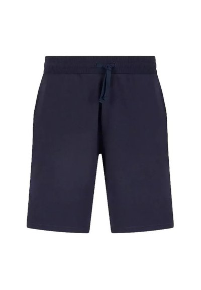 Shorts de sport bleu marine en tissu doux, avec une taille élastique et un cordon de serrage, de coupe droite. Aucune poche visible.