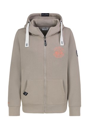 Hellbeiger Kapuzenpullover mit Reißverschluss aus weichem Stoff, mit vorderem Logodruck, Kordelzugkapuze sowie gerippten Bündchen und Saum. Zwei Vordertaschen.