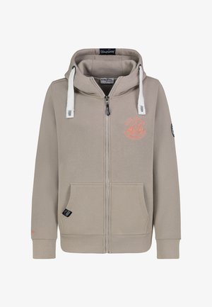 Hellbeiger Kapuzenpullover mit Reißverschluss aus weichem Stoff, mit vorderem Logodruck, Kordelzugkapuze sowie gerippten Bündchen und Saum. Zwei Vordertaschen.