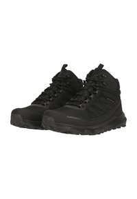 Schwarze knöchelhohe Wanderschuhe aus strukturiertem Material, verstärkter Zehenkappe und robuster Gummisohle. Mit wasserdichtem Design und Schnürverschluss.